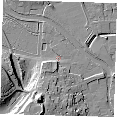 Shaded relief map of the ground around BN72BA, computed from Environment Agency LiDAR. The ground here sits at about 4 m above sea level and falls 43 m across the surrounding 800 m. Surface water reaching this point runs off ground lying to the south-south-west, 22.4 m higher.