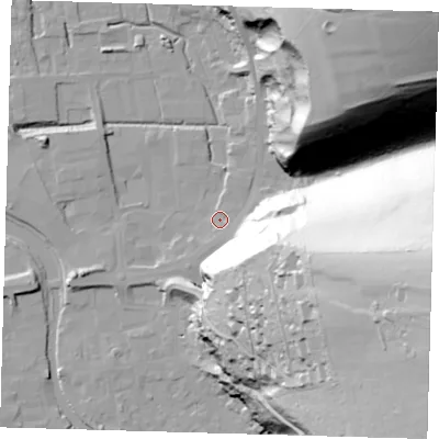 Shaded relief map of the ground around BN72BJ, computed from Environment Agency LiDAR. The ground here sits at about 4 m above sea level and falls 102 m across the surrounding 800 m. Surface water reaching this point runs off ground lying to the east-south-east, 62.3 m higher.