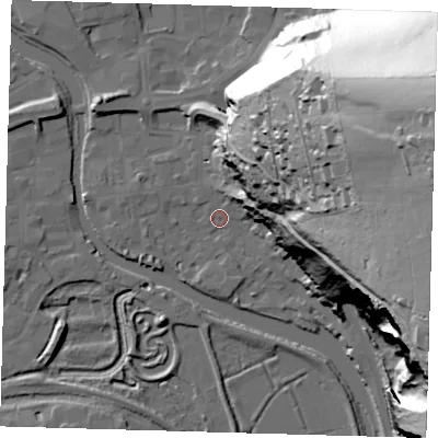 Shaded relief map of the ground around BN72BP, computed from Environment Agency LiDAR. The ground here sits at about 4 m above sea level and falls 92 m across the surrounding 800 m. Surface water reaching this point runs off ground lying to the south, 2.5 m higher.