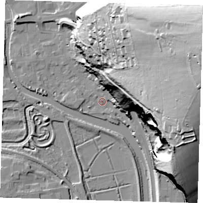 Shaded relief map of the ground around BN72BS, computed from Environment Agency LiDAR. The ground here sits at about 4 m above sea level and falls 104 m across the surrounding 800 m. Surface water reaching this point runs off ground lying to the north-east, 102.3 m higher.