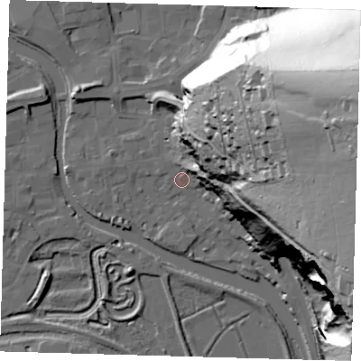 Shaded relief map of the ground around BN72BT, computed from Environment Agency LiDAR. The ground here sits at about 5 m above sea level and falls 93 m across the surrounding 800 m. Surface water reaching this point runs off ground lying to the east-north-east, 76.5 m higher.
