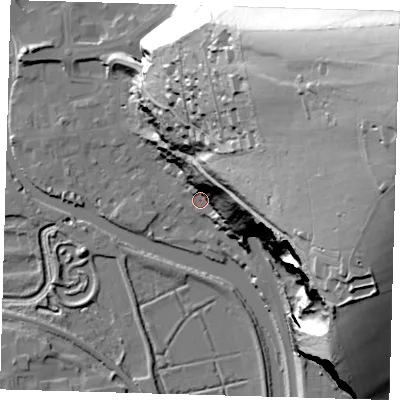 Shaded relief map of the ground around BN72BU, computed from Environment Agency LiDAR. The ground here sits at about 6 m above sea level and falls 106 m across the surrounding 800 m. Surface water reaching this point runs off ground lying to the east-north-east, 38.3 m higher.