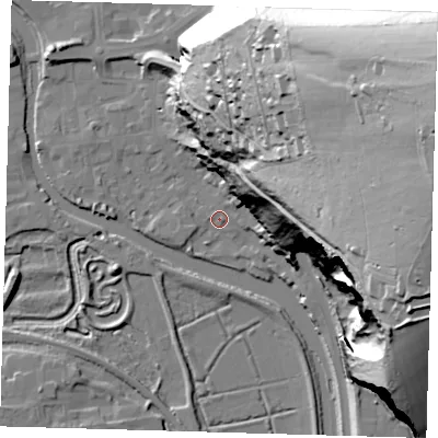 Shaded relief map of the ground around BN72BW, computed from Environment Agency LiDAR. The ground here sits at about 4 m above sea level and falls 101 m across the surrounding 800 m. Surface water reaching this point runs off ground lying to the east-north-east, 99.4 m higher.
