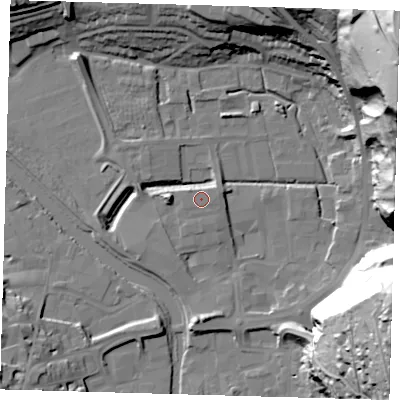 Shaded relief map of the ground around BN72BY, computed from Environment Agency LiDAR. The ground here sits at about 6 m above sea level and falls 74 m across the surrounding 800 m. Surface water reaching this point runs off ground lying to the east-north-east, 67.2 m higher.