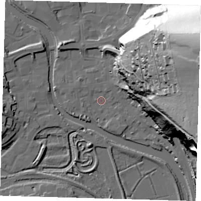 Shaded relief map of the ground around BN72BZ, computed from Environment Agency LiDAR. The ground here sits at about 4 m above sea level and falls 86 m across the surrounding 800 m. Surface water reaching this point runs off ground lying to the east-north-east, 34.3 m higher.