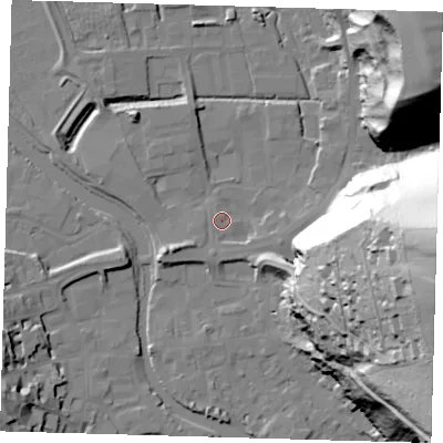 Shaded relief map of the ground around BN72DN, computed from Environment Agency LiDAR. The ground here sits at about 4 m above sea level and falls 79 m across the surrounding 800 m. Surface water reaching this point runs off ground lying to the west-south-west, 4.6 m higher.