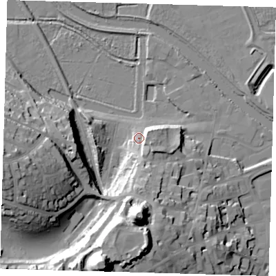Shaded relief map of the ground around BN72DP, computed from Environment Agency LiDAR. The ground here sits at about 9 m above sea level and falls 49 m across the surrounding 800 m. Surface water reaching this point runs off ground lying to the south, 16.9 m higher.