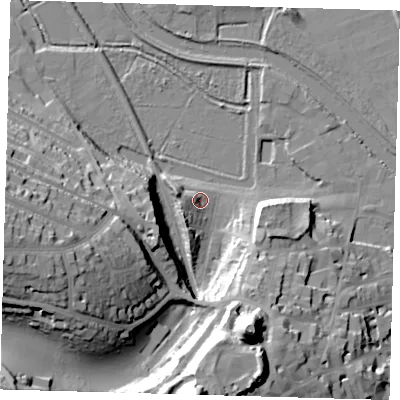 Shaded relief map of the ground around BN72DR, computed from Environment Agency LiDAR. The ground here sits at about 7 m above sea level and falls 48 m across the surrounding 800 m. Surface water reaching this point runs off ground lying to the west-north-west, 6.0 m higher.