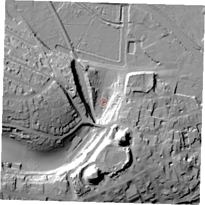 Shaded relief map of the ground around BN72DS, computed from Environment Agency LiDAR. The ground here sits at about 6 m above sea level and falls 49 m across the surrounding 800 m. Surface water reaching this point runs off ground lying to the south-south-east, 39.2 m higher.