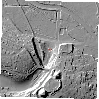 Shaded relief map of the ground around BN72DT, computed from Environment Agency LiDAR. The ground here sits at about 5 m above sea level and falls 49 m across the surrounding 800 m. Surface water reaching this point runs off ground lying to the south-south-east, 39.2 m higher.