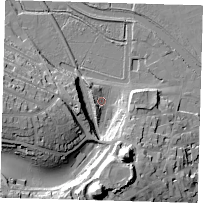 Shaded relief map of the ground around BN72DU, computed from Environment Agency LiDAR. The ground here sits at about 7 m above sea level and falls 49 m across the surrounding 800 m. Surface water reaching this point runs off ground lying to the west-north-west, 6.9 m higher.