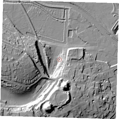 Shaded relief map of the ground around BN72DX, computed from Environment Agency LiDAR. The ground here sits at about 7 m above sea level and falls 49 m across the surrounding 800 m. Surface water reaching this point runs off ground lying to the south-south-east, 39.2 m higher.