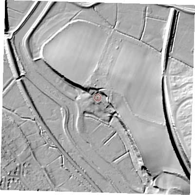 Shaded relief map of the ground around BN72DY, computed from Environment Agency LiDAR. The ground here sits at about 8 m above sea level and falls 25 m across the surrounding 800 m. Surface water reaching this point runs off ground lying to the north-east, 8.9 m higher.