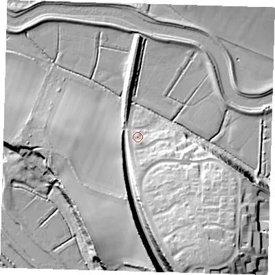 Shaded relief map of the ground around BN72EX, computed from Environment Agency LiDAR. The ground here sits at about 10 m above sea level and falls 30 m across the surrounding 800 m. Surface water reaching this point runs off ground lying to the south, 6.9 m higher.