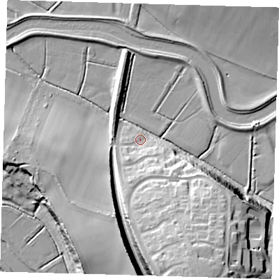 Shaded relief map of the ground around BN72EZ, computed from Environment Agency LiDAR. The ground here sits at about 6 m above sea level and falls 30 m across the surrounding 800 m. Surface water reaching this point runs off ground lying to the south-south-east, 26.5 m higher.
