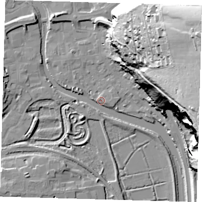 Shaded relief map of the ground around BN72FA, computed from Environment Agency LiDAR. The ground here sits at about 5 m above sea level and falls 89 m across the surrounding 800 m. Surface water reaching this point runs off ground lying to the north-east, 89.5 m higher.