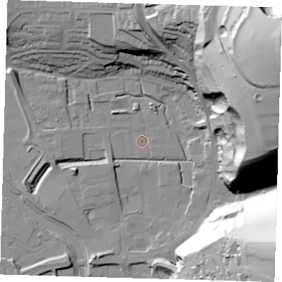 Shaded relief map of the ground around BN72FB, computed from Environment Agency LiDAR. The ground here sits at about 2 m above sea level and falls 99 m across the surrounding 800 m. Surface water reaching this point runs off ground lying to the east-north-east, 91.4 m higher.
