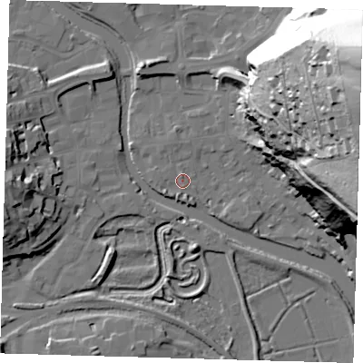 Shaded relief map of the ground around BN72FD, computed from Environment Agency LiDAR. The ground here sits at about 4 m above sea level and falls 77 m across the surrounding 800 m. Surface water reaching this point runs off ground lying to the south-south-west, 1.8 m higher.