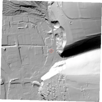 Shaded relief map of the ground around BN72FE, computed from Environment Agency LiDAR. The ground here sits at about 4 m above sea level and falls 125 m across the surrounding 800 m. Surface water reaching this point runs off ground lying to the north-east, 121.2 m higher.
