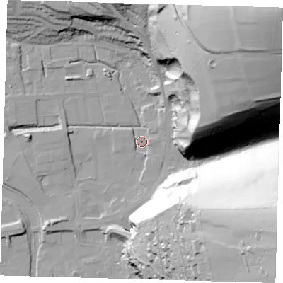 Shaded relief map of the ground around BN72FF, computed from Environment Agency LiDAR. The ground here sits at about 2 m above sea level and falls 121 m across the surrounding 800 m. Surface water reaching this point runs off ground lying to the north-east, 120.9 m higher.