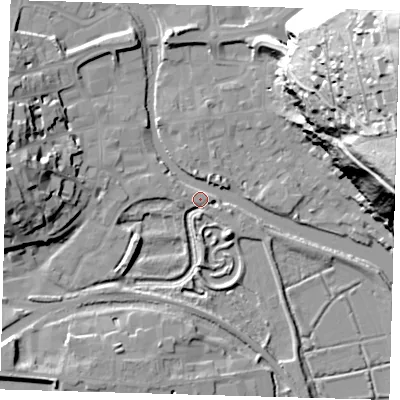 Shaded relief map of the ground around BN72FG, computed from Environment Agency LiDAR. The ground here sits at about 4 m above sea level and falls 74 m across the surrounding 800 m. Surface water reaching this point runs off ground lying to the west, 20.0 m higher.