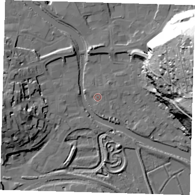 Shaded relief map of the ground around BN72FJ, computed from Environment Agency LiDAR. The ground here sits at about 4 m above sea level and falls 70 m across the surrounding 800 m. Surface water reaching this point runs off ground lying to the west-north-west, 1.5 m higher.