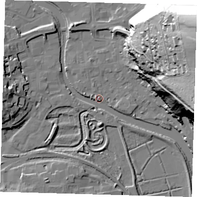 Shaded relief map of the ground around BN72FL, computed from Environment Agency LiDAR. The ground here sits at about 4 m above sea level and falls 80 m across the surrounding 800 m. Surface water reaching this point runs off ground lying to the north-east, 79.8 m higher.