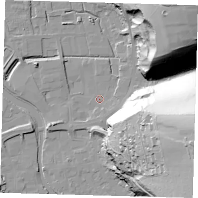 Shaded relief map of the ground around BN72FQ, computed from Environment Agency LiDAR. The ground here sits at about 3 m above sea level and falls 96 m across the surrounding 800 m. Surface water reaching this point runs off ground lying to the east-south-east, 72.4 m higher.