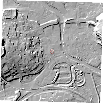 Shaded relief map of the ground around BN72FS, computed from Environment Agency LiDAR. The ground here sits at about 5 m above sea level and falls 42 m across the surrounding 800 m. Surface water reaching this point runs off ground lying to the east-south-east, 1.1 m higher.