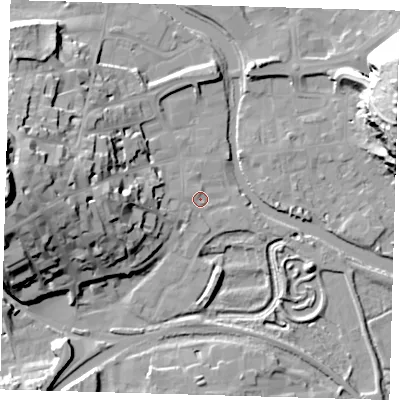Shaded relief map of the ground around BN72FT, computed from Environment Agency LiDAR. The ground here sits at about 5 m above sea level and falls 46 m across the surrounding 800 m. Surface water reaching this point runs off ground lying to the west, 8.2 m higher.