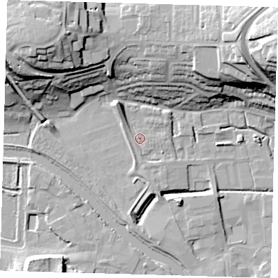 Shaded relief map of the ground around BN72FU, computed from Environment Agency LiDAR. The ground here sits at about 5 m above sea level and falls 38 m across the surrounding 800 m. Surface water reaching this point runs off ground lying to the south, 1.9 m higher.