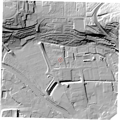 Shaded relief map of the ground around BN72FW, computed from Environment Agency LiDAR. The ground here sits at about 5 m above sea level and falls 45 m across the surrounding 800 m. Surface water reaching this point runs off ground lying to the south-west, 1.6 m higher.