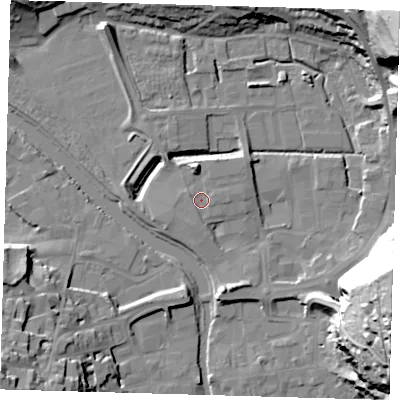 Shaded relief map of the ground around BN72FY, computed from Environment Agency LiDAR. The ground here sits at about 5 m above sea level and falls 58 m across the surrounding 800 m. Surface water reaching this point runs off ground lying to the west-south-west, 1.0 m higher.