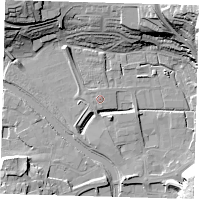 Shaded relief map of the ground around BN72FZ, computed from Environment Agency LiDAR. The ground here sits at about 6 m above sea level and falls 46 m across the surrounding 800 m. Surface water reaching this point runs off ground lying to the west-south-west, 1.2 m higher.