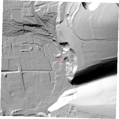 Shaded relief map of the ground around BN72HA, computed from Environment Agency LiDAR. The ground here sits at about 4 m above sea level and falls 126 m across the surrounding 800 m. Surface water reaching this point runs off ground lying to the north-east, 123.9 m higher.