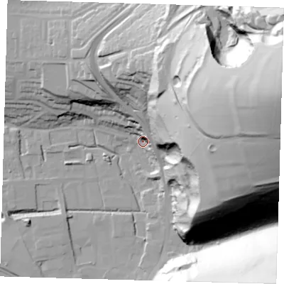 Shaded relief map of the ground around BN72HD, computed from Environment Agency LiDAR. The ground here sits at about 6 m above sea level and falls 121 m across the surrounding 800 m. Surface water reaching this point runs off ground lying to the east-north-east, 117.2 m higher.