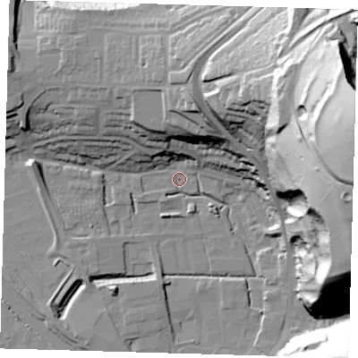 Shaded relief map of the ground around BN72HE, computed from Environment Agency LiDAR. The ground here sits at about 3 m above sea level and falls 90 m across the surrounding 800 m. Surface water reaching this point runs off ground lying to the north-north-east, 28.5 m higher.