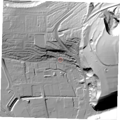 Shaded relief map of the ground around BN72HF, computed from Environment Agency LiDAR. The ground here sits at about 6 m above sea level and falls 102 m across the surrounding 800 m. Surface water reaching this point runs off ground lying to the north, 26.2 m higher.