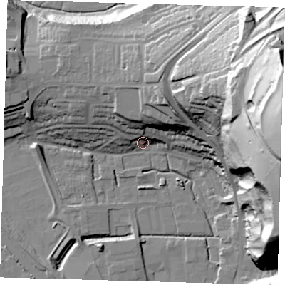 Shaded relief map of the ground around BN72HG, computed from Environment Agency LiDAR. The ground here sits at about 6 m above sea level and falls 84 m across the surrounding 800 m. Surface water reaching this point runs off ground lying to the north-north-east, 27.0 m higher.