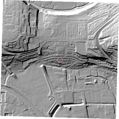 Shaded relief map of the ground around BN72HJ, computed from Environment Agency LiDAR. The ground here sits at about 11 m above sea level and falls 43 m across the surrounding 800 m. Surface water reaching this point runs off ground lying to the north-north-east, 10.4 m higher.