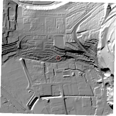 Shaded relief map of the ground around BN72HL, computed from Environment Agency LiDAR. The ground here sits at about 8 m above sea level and falls 74 m across the surrounding 800 m. Surface water reaching this point runs off ground lying to the north-east, 25.6 m higher.