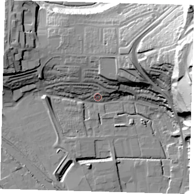 Shaded relief map of the ground around BN72HP, computed from Environment Agency LiDAR. The ground here sits at about 6 m above sea level and falls 63 m across the surrounding 800 m. Surface water reaching this point runs off ground lying to the north-north-east, 23.4 m higher.