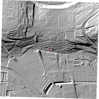 Shaded relief map of the ground around BN72HQ, computed from Environment Agency LiDAR. The ground here sits at about 6 m above sea level and falls 40 m across the surrounding 800 m. Surface water reaching this point runs off ground lying to the east-north-east, 26.9 m higher.