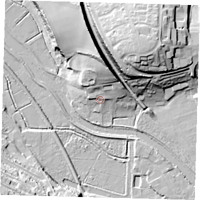 Shaded relief map of the ground around BN72JA, computed from Environment Agency LiDAR. The ground here sits at about 8 m above sea level and falls 37 m across the surrounding 800 m. Surface water reaching this point runs off ground lying to the north-north-east, 15.8 m higher.