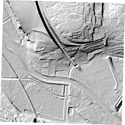 Shaded relief map of the ground around BN72JL, computed from Environment Agency LiDAR. The ground here sits at about 6 m above sea level and falls 31 m across the surrounding 800 m. Surface water reaching this point runs off ground lying to the north, 11.0 m higher.
