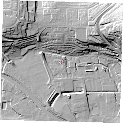 Shaded relief map of the ground around BN72JN, computed from Environment Agency LiDAR. The ground here sits at about 5 m above sea level and falls 45 m across the surrounding 800 m. Surface water reaching this point runs off ground lying to the west-north-west, 6.8 m higher.