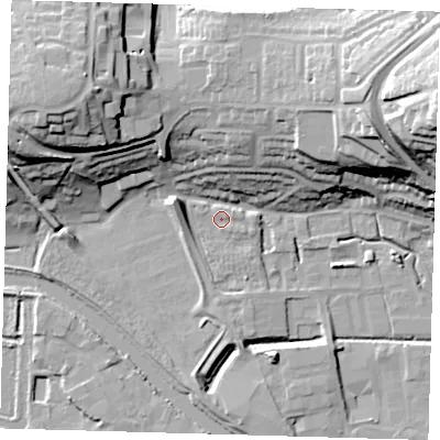 Shaded relief map of the ground around BN72JR, computed from Environment Agency LiDAR. The ground here sits at about 4 m above sea level and falls 40 m across the surrounding 800 m. Surface water reaching this point runs off ground lying to the west-north-west, 6.7 m higher.