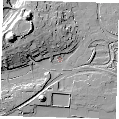 Shaded relief map of the ground around BN72JS, computed from Environment Agency LiDAR. The ground here sits at about 5 m above sea level and falls 49 m across the surrounding 800 m. Surface water reaching this point runs off ground lying to the west-north-west, 46.7 m higher.