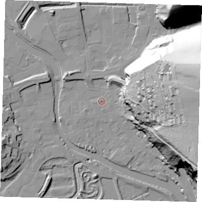 Shaded relief map of the ground around BN72JW, computed from Environment Agency LiDAR. The ground here sits at about 5 m above sea level and falls 83 m across the surrounding 800 m. Surface water reaching this point runs off ground lying to the east, 1.3 m higher.