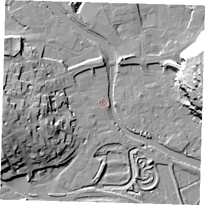 Shaded relief map of the ground around BN72LD, computed from Environment Agency LiDAR. The ground here sits at about 4 m above sea level and falls 54 m across the surrounding 800 m. Surface water reaching this point runs off ground lying to the west, 25.4 m higher.